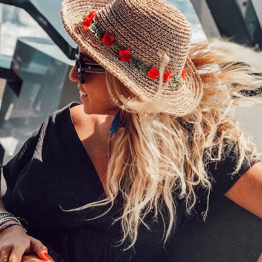 EVIE STRAW SUNHAT WITH RED FLOWER BAND FOR WOMEN
