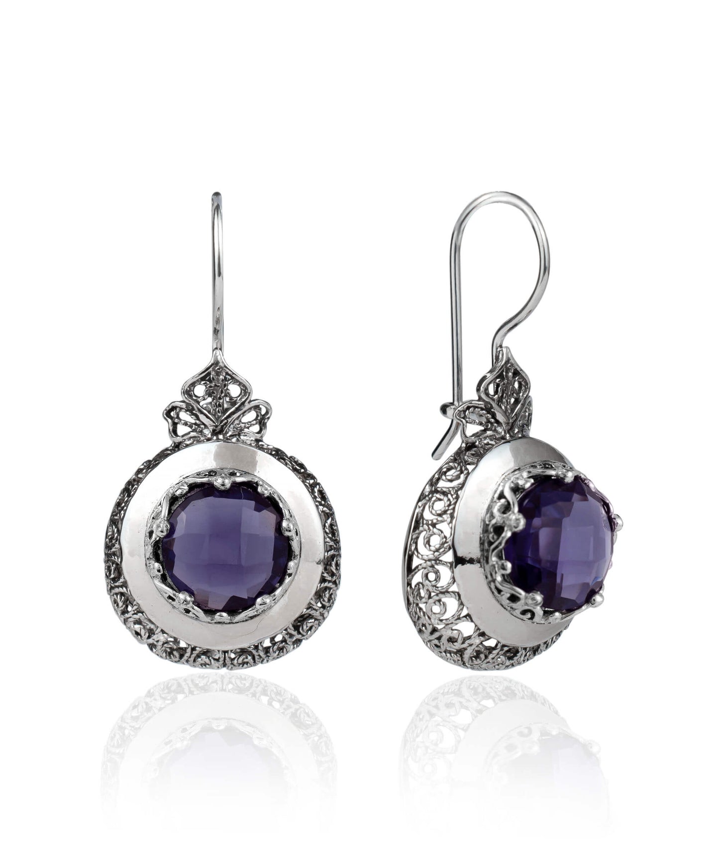 Sterling Silver Filigree Art Amethyst Gemstone Women Drop Earrings