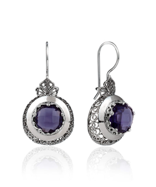Sterling Silver Filigree Art Amethyst Gemstone Women Drop Earrings