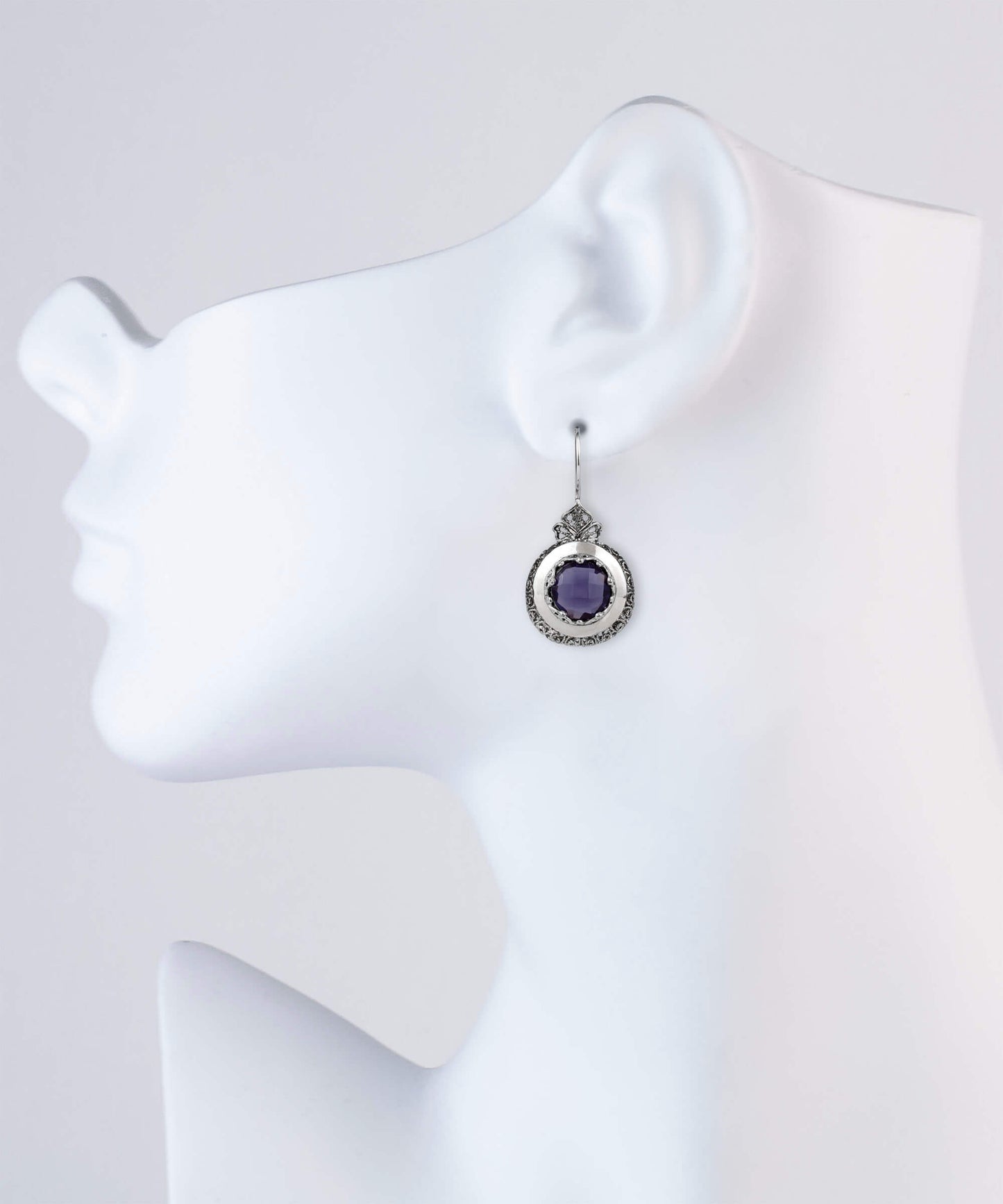 Sterling Silver Filigree Art Amethyst Gemstone Women Drop Earrings