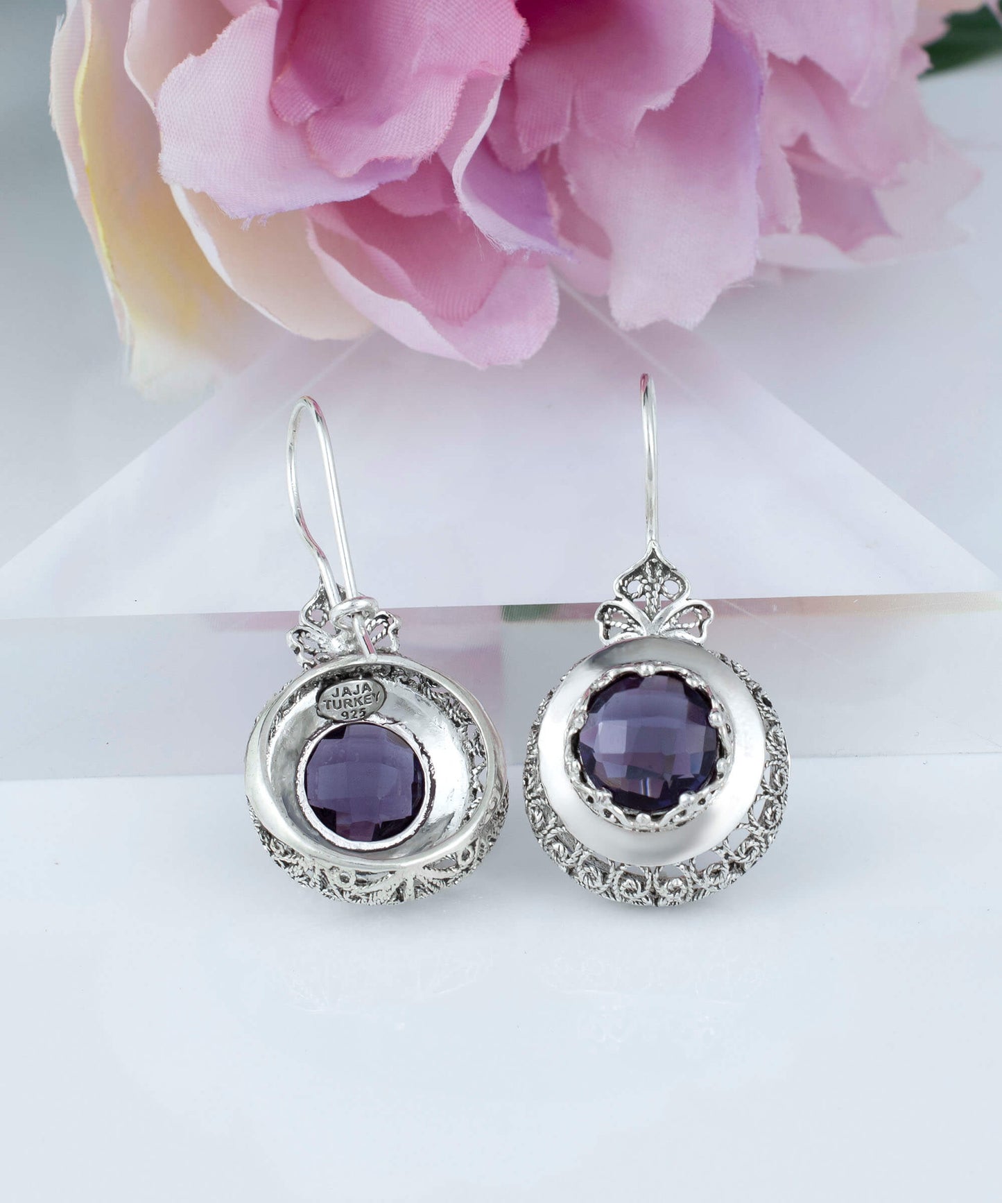 Sterling Silver Filigree Art Amethyst Gemstone Women Drop Earrings