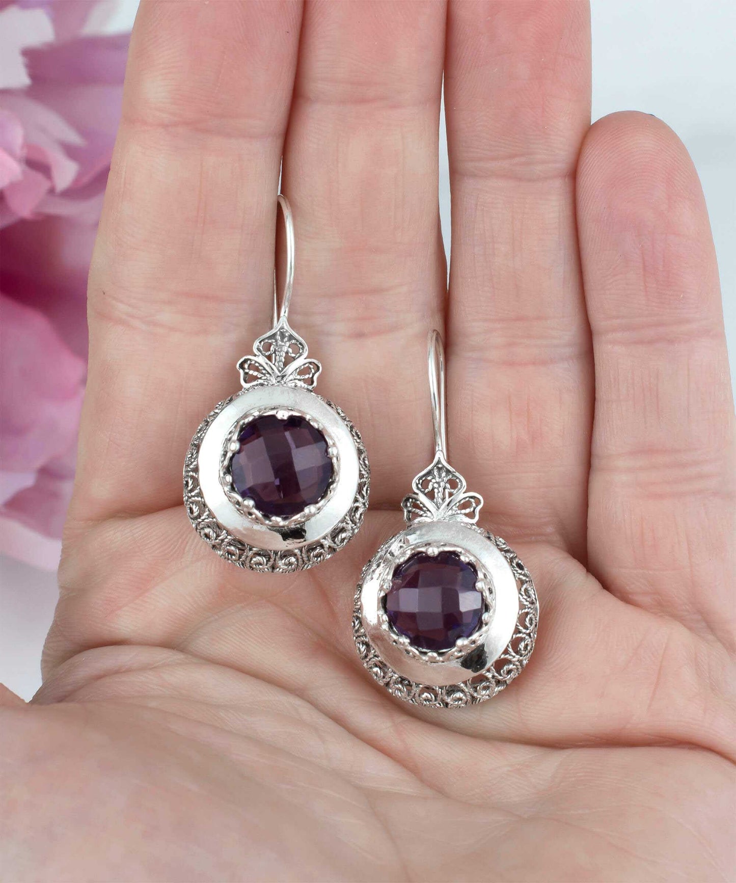 Sterling Silver Filigree Art Amethyst Gemstone Women Drop Earrings