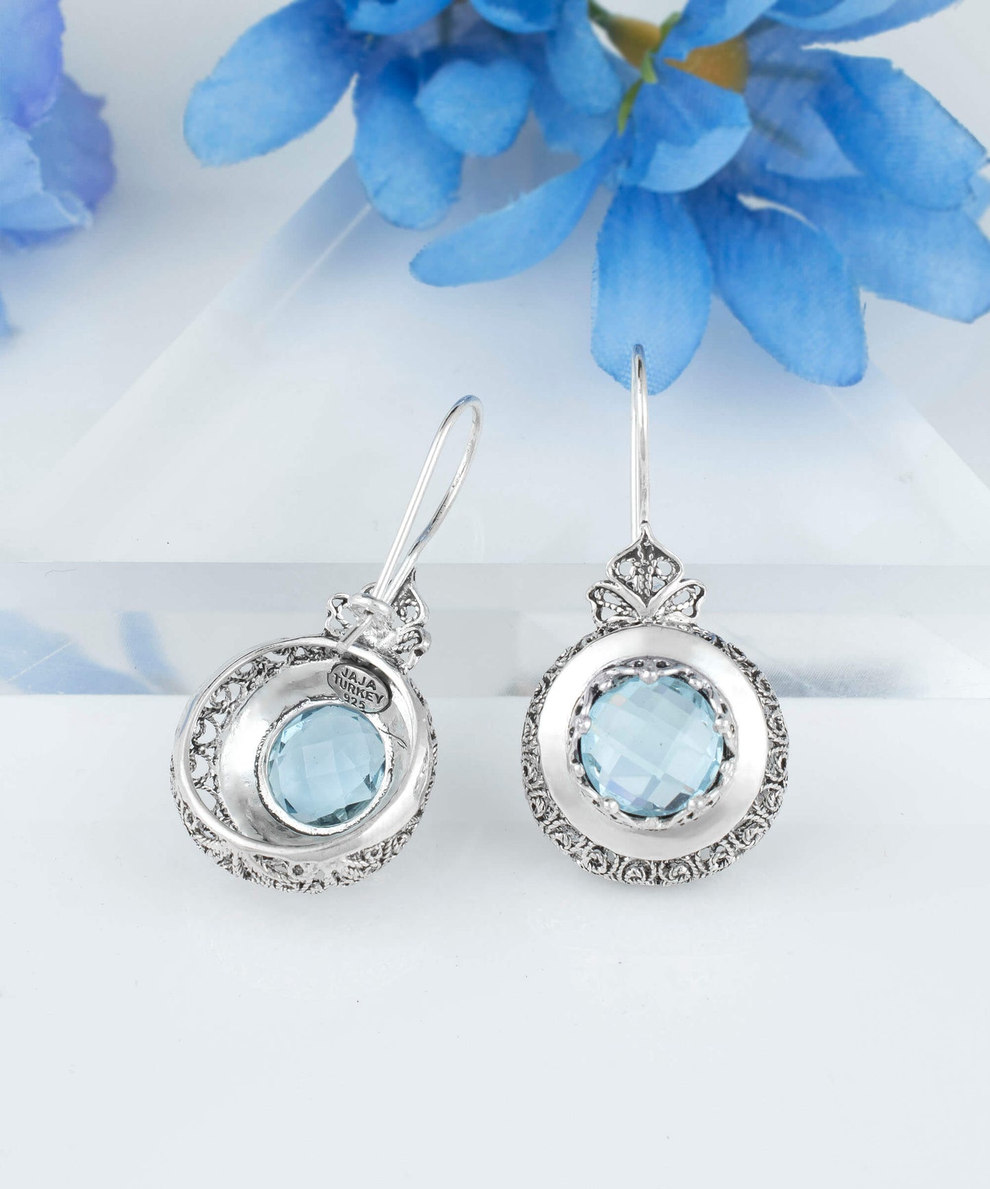 Sterling Silver Filigree Art Blue Topaz Gemstone Women Drop Earrings