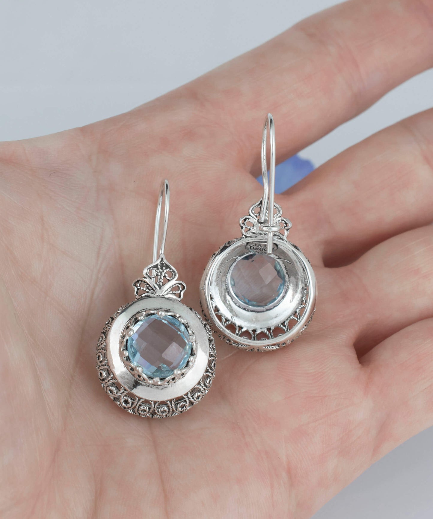Sterling Silver Filigree Art Blue Topaz Gemstone Women Drop Earrings
