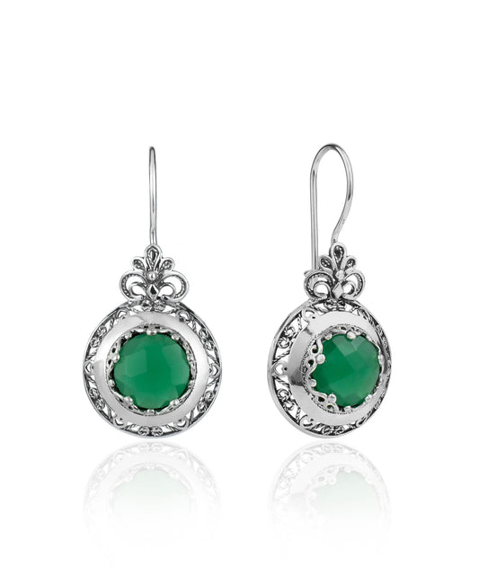 Filigree Art Green Agate Gemstone Floral Design Women Silver Drop