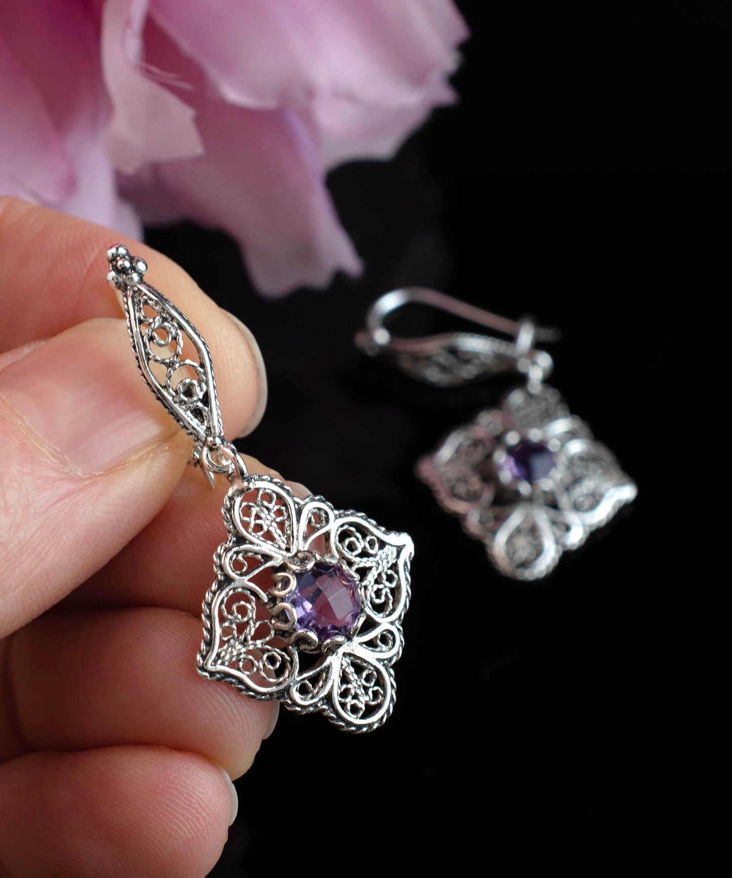 Sterling Silver Filigree Art Amethyst Gemstone Women Dangle Drop