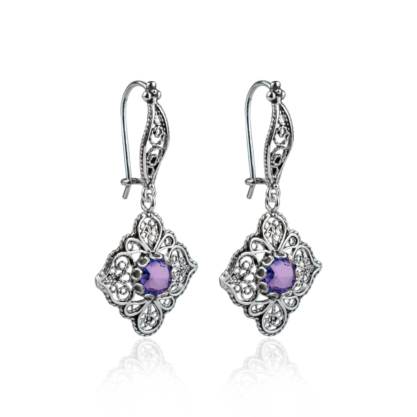 Sterling Silver Filigree Art Amethyst Gemstone Women Dangle Drop