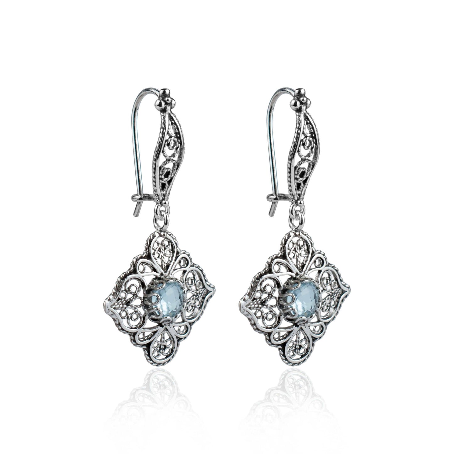 Sterling Silver Filigree Art Blue Topaz Gemstone Women Dangle Drop