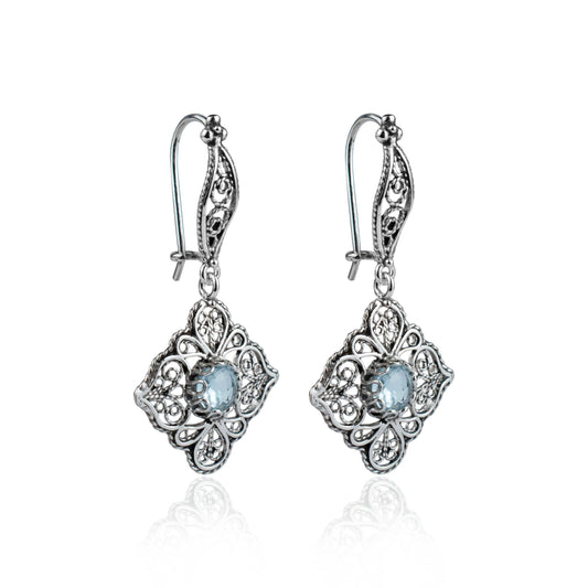 Sterling Silver Filigree Art Blue Topaz Gemstone Women Dangle Drop