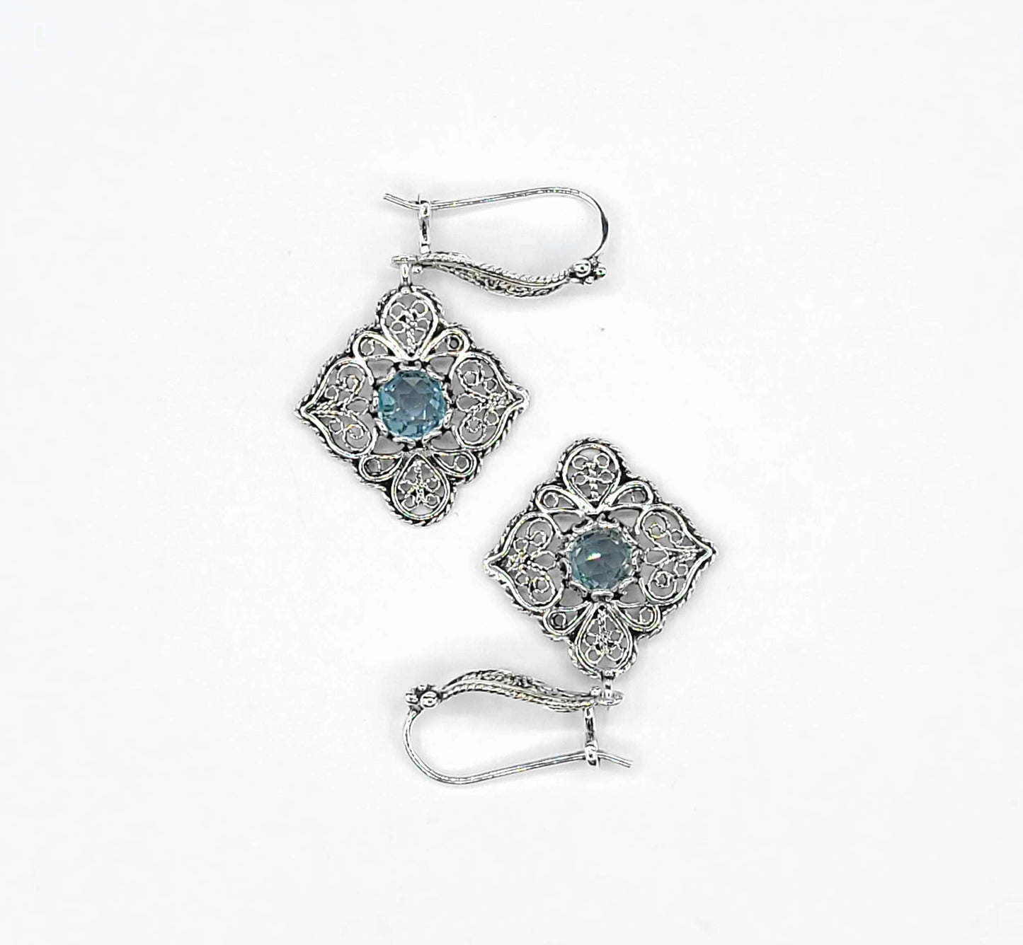 Sterling Silver Filigree Art Blue Topaz Gemstone Women Dangle Drop