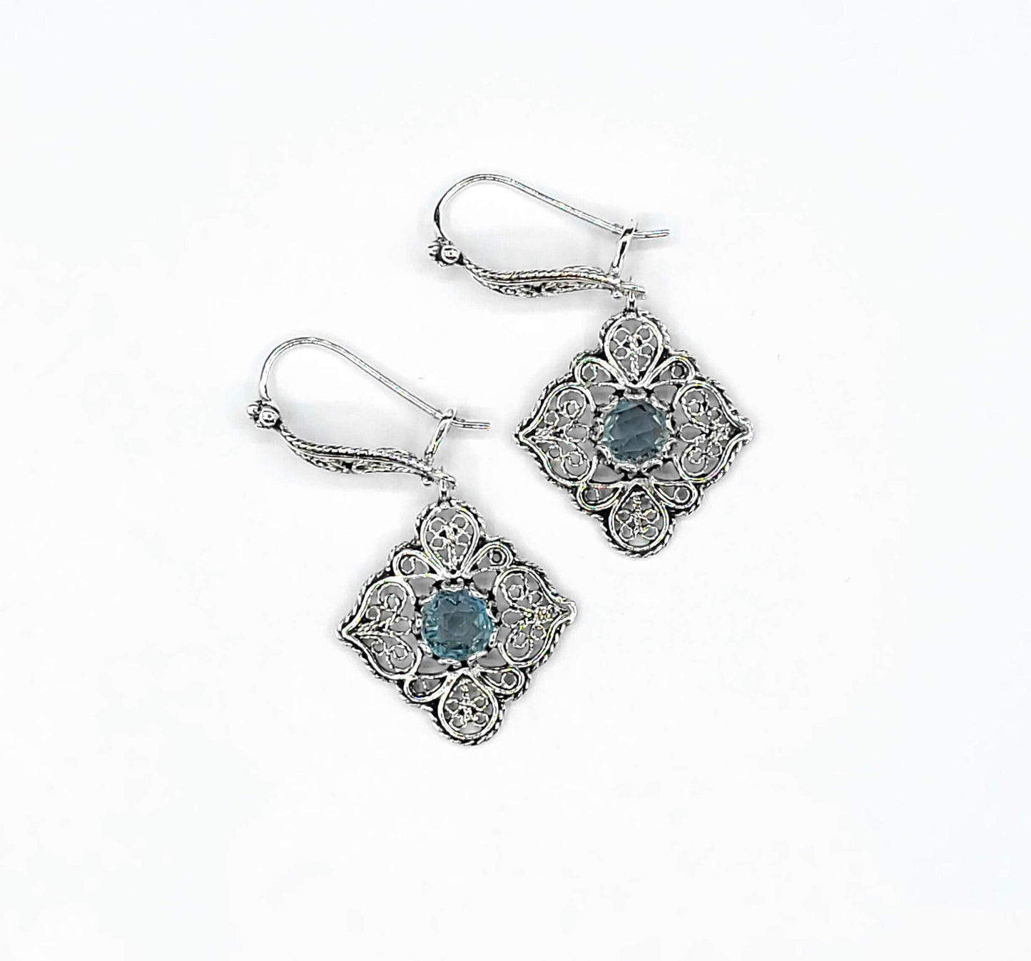 Sterling Silver Filigree Art Blue Topaz Gemstone Women Dangle Drop