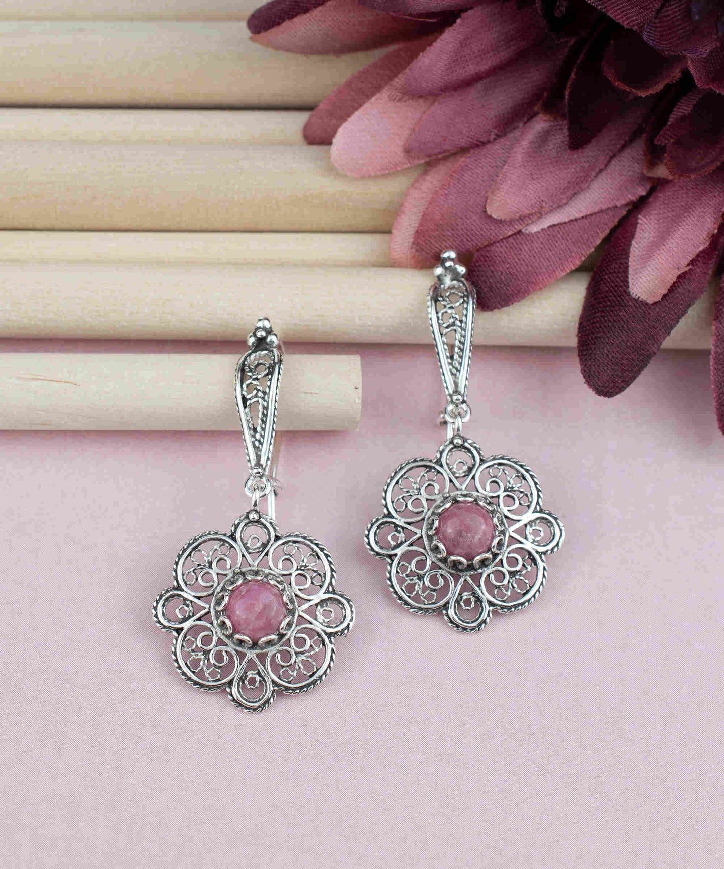 Sterling Silver Filigree Art Rhodonite Gemstone Women Dangle Drop