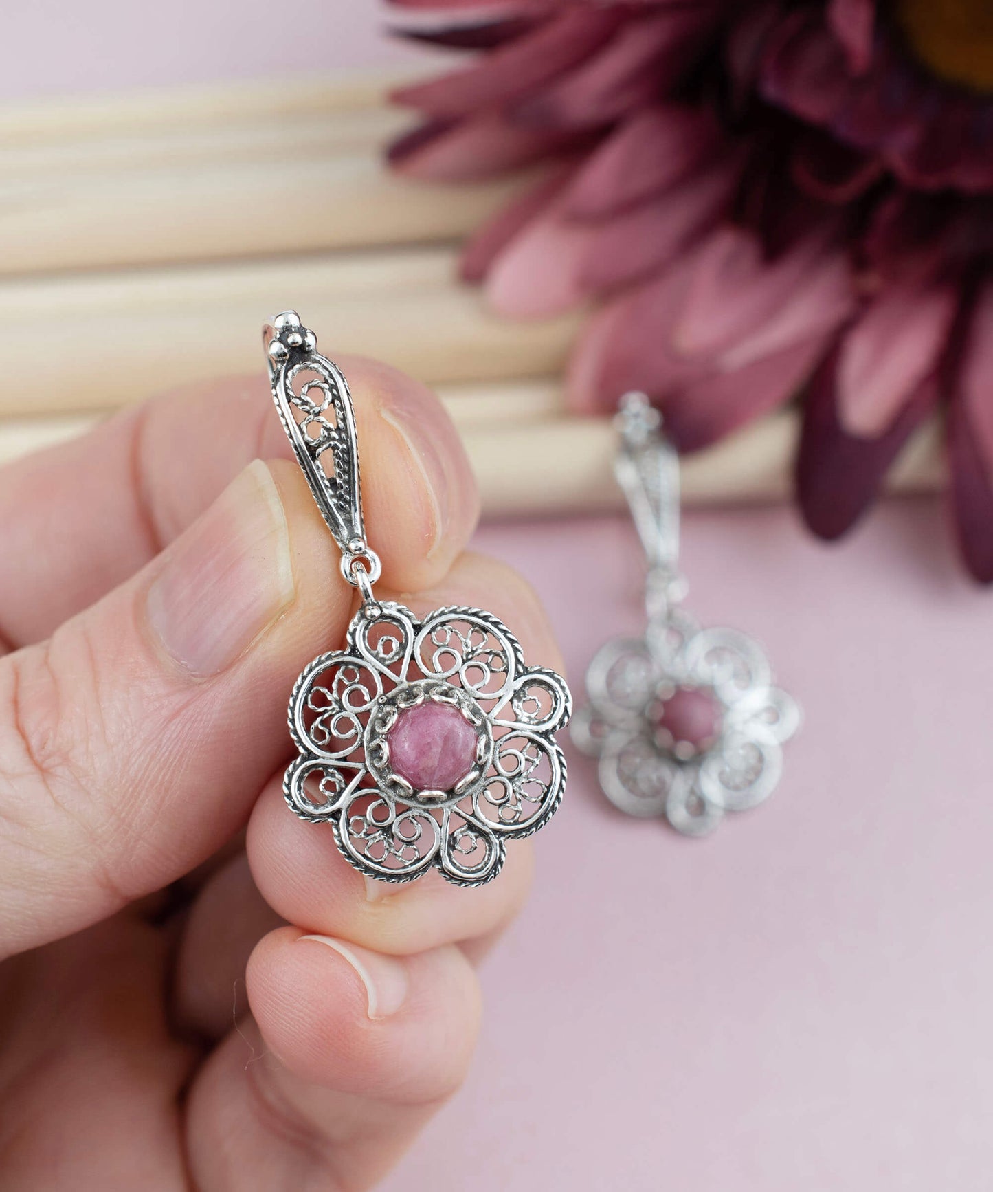Sterling Silver Filigree Art Rhodonite Gemstone Women Dangle Drop