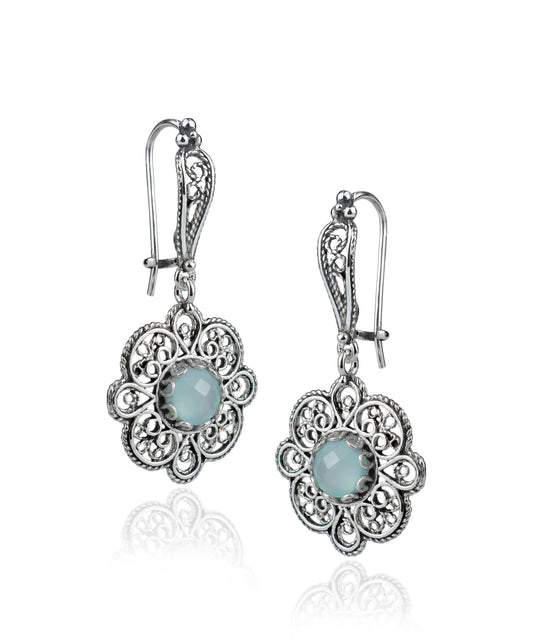 Sterling Silver Filigree Art Aqua Chalcedony Gemstone Women Dangle