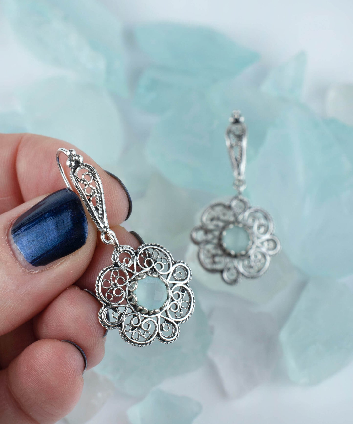Sterling Silver Filigree Art Aqua Chalcedony Gemstone Women Dangle