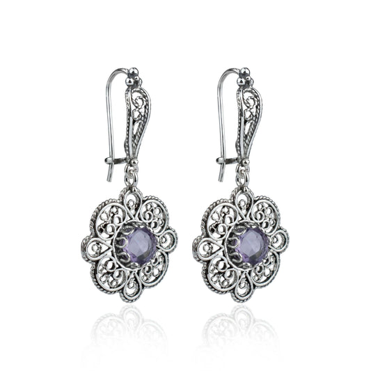 Sterling Silver Filigree Art Amethyst Gemstone Women Dangle Drop