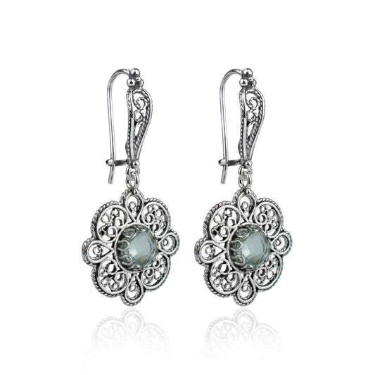 Sterling Silver Filigree Art Prasiolite Gemstone Women Dangle Drop