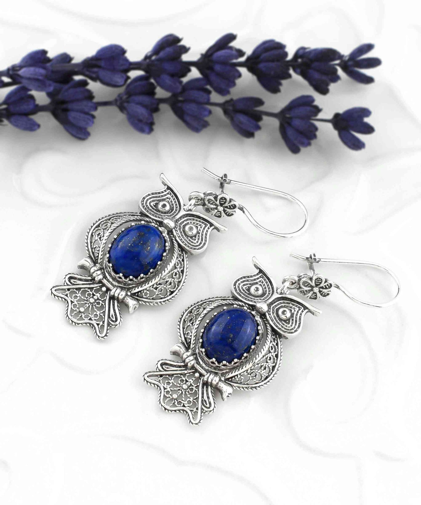 Filigree Art Owl Figured Lapis Lazuli Gemstone Women Silver Dangle