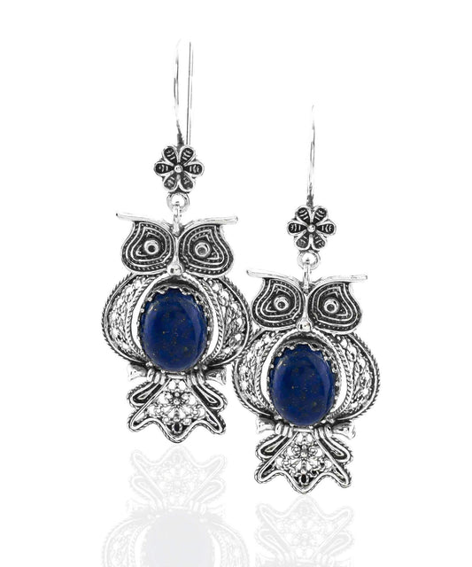 Filigree Art Owl Figured Lapis Lazuli Gemstone Women Silver Dangle