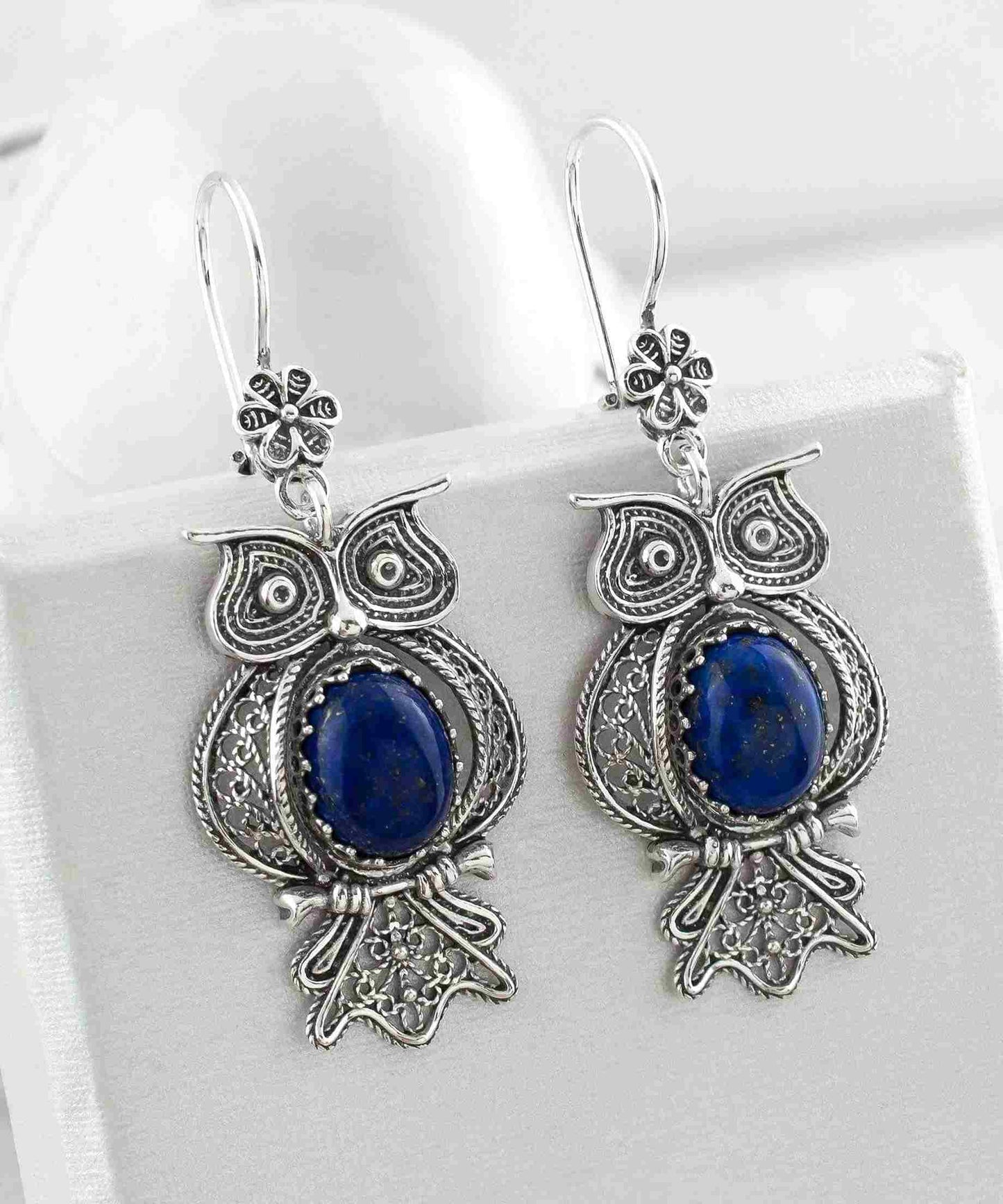 Filigree Art Owl Figured Lapis Lazuli Gemstone Women Silver Dangle