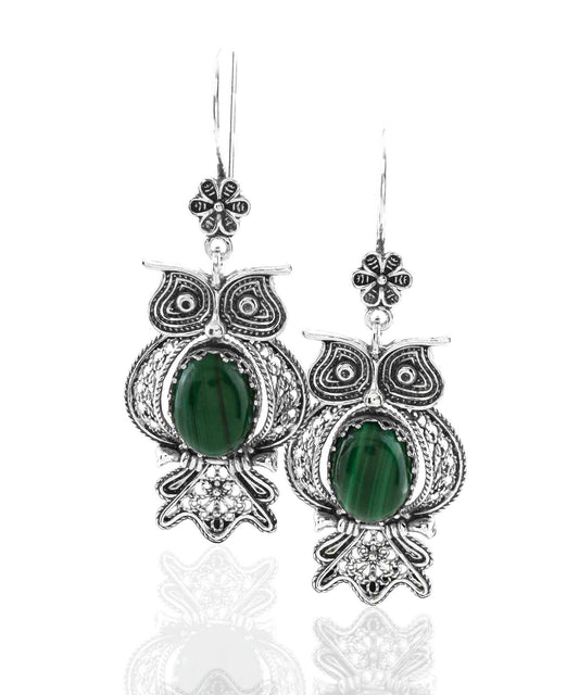 Filigree Art Owl Figured Malachite Gemstone Women Silver Dangle