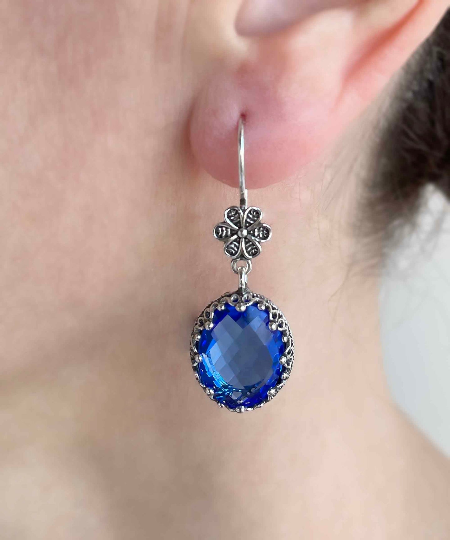 Filigree Art Blue Quartz Gemstone Women Silver Oval Dangle Earrings