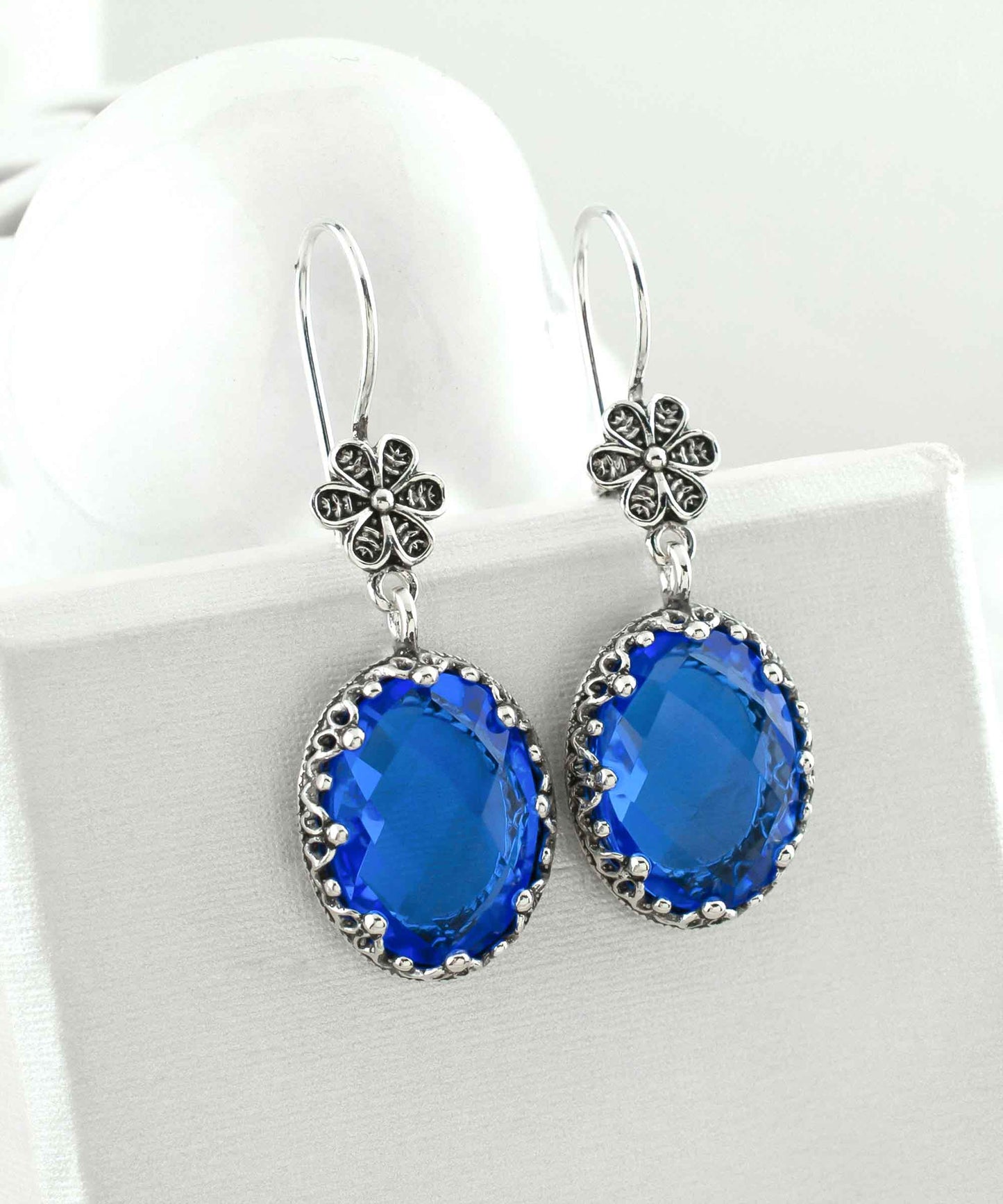 Filigree Art Blue Quartz Gemstone Women Silver Oval Dangle Earrings