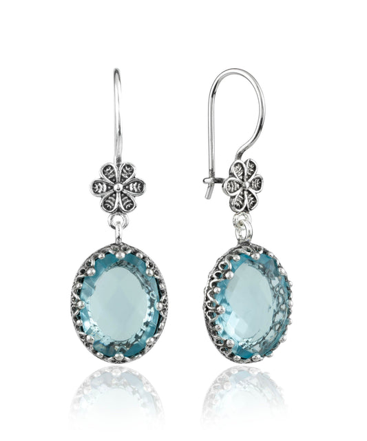 Filigree Art Blue Topaz Gemstone Women Silver Oval Dangle Earrings