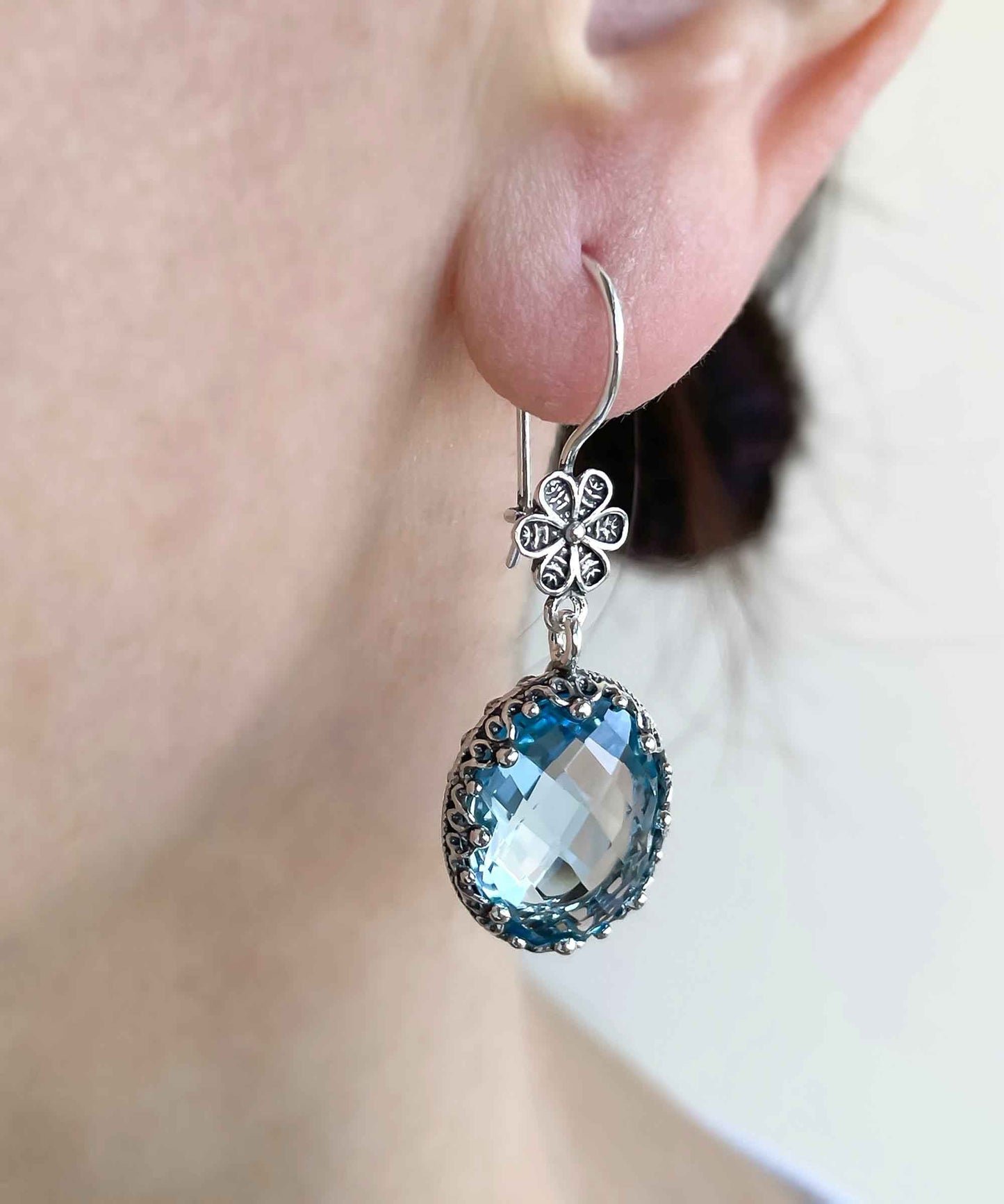 Filigree Art Blue Topaz Gemstone Women Silver Oval Dangle Earrings