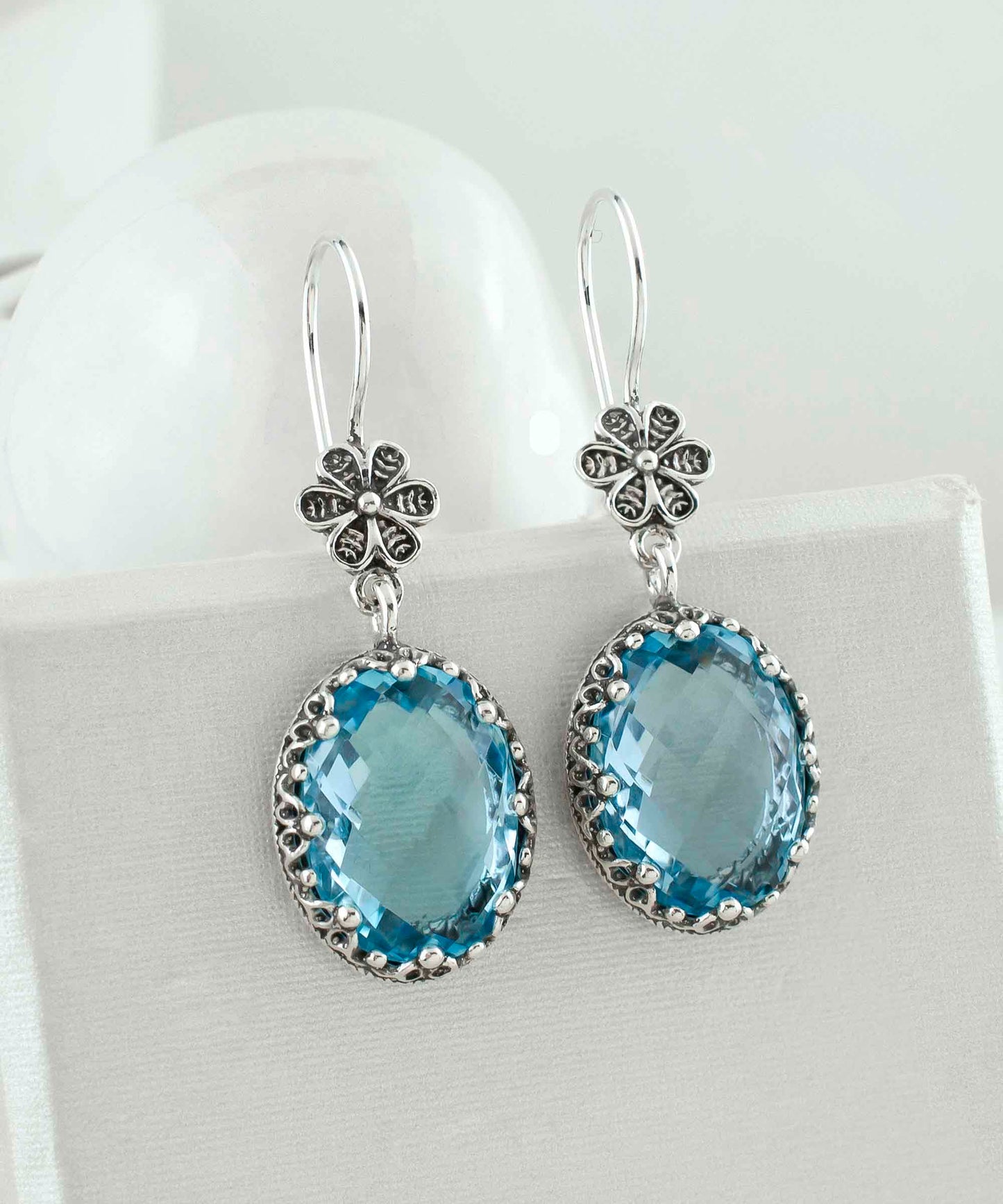 Filigree Art Blue Topaz Gemstone Women Silver Oval Dangle Earrings