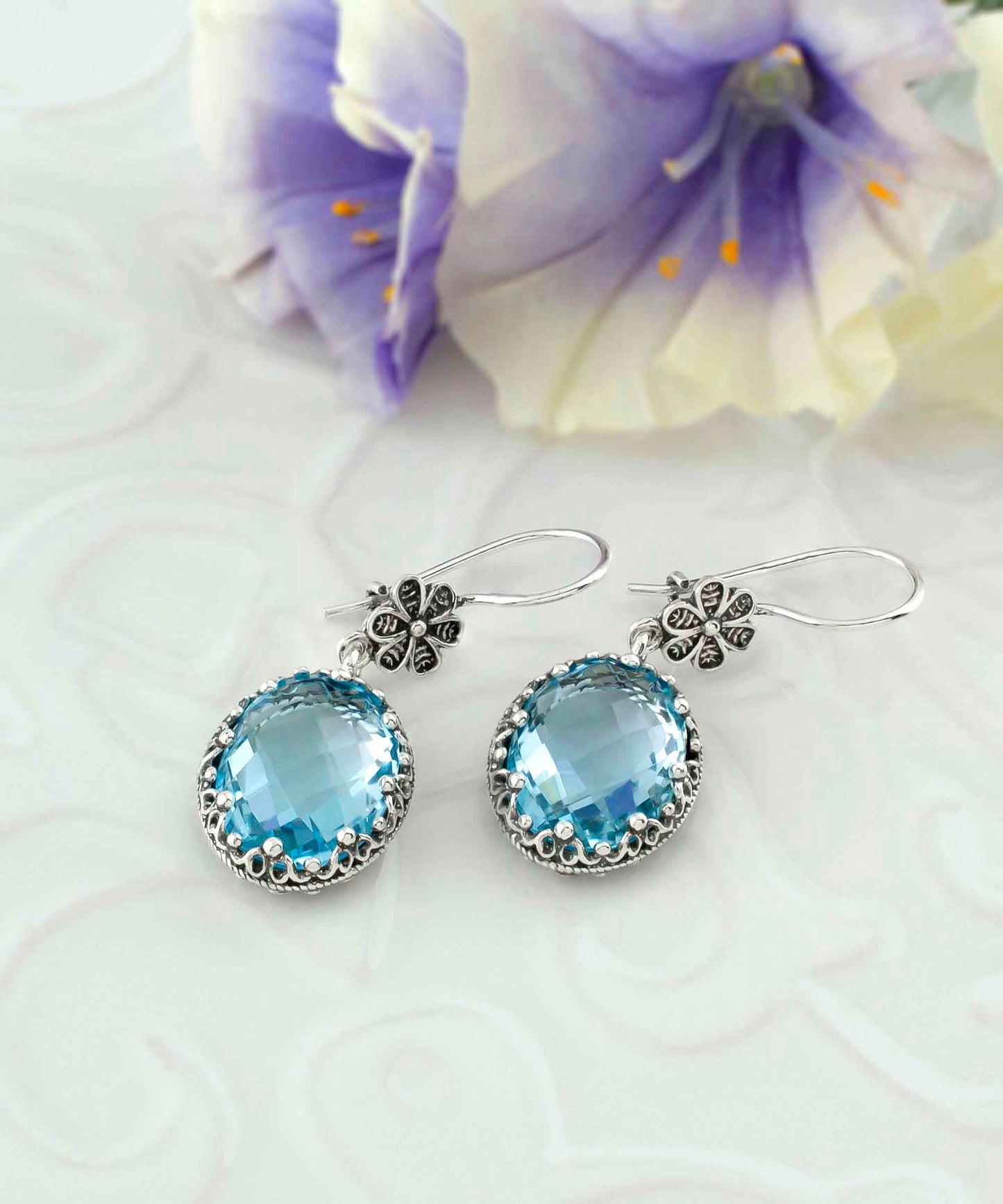 Filigree Art Blue Topaz Gemstone Women Silver Oval Dangle Earrings