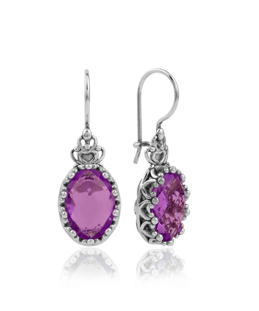 Filigree Art Amethyst Gemstone Crown Figured Women Silver Oval Drop