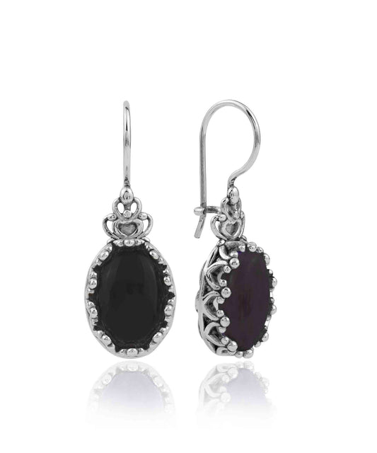 Filigree Art Black Onyx Gemstone Crown Figured Women Silver Oval Drop
