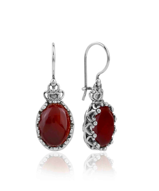 Filigree Art Carnelian Gemstone Crown Figured Women Silver Oval Drop