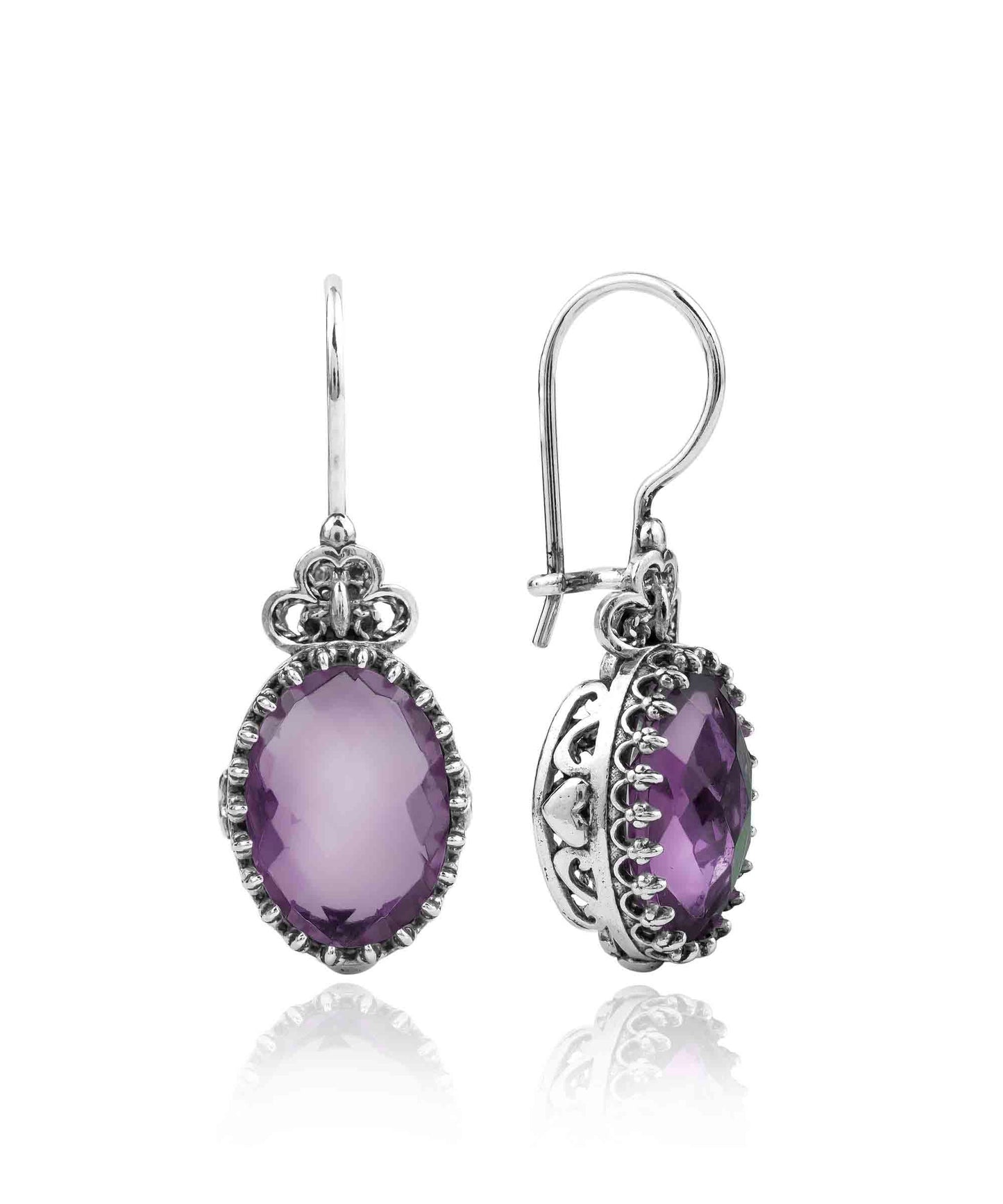 Filigree Art Amethyst Gemstone Heart Detailed Women Silver Oval Drop