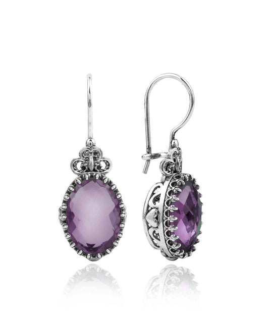 Filigree Art Amethyst Gemstone Heart Detailed Women Silver Oval Drop