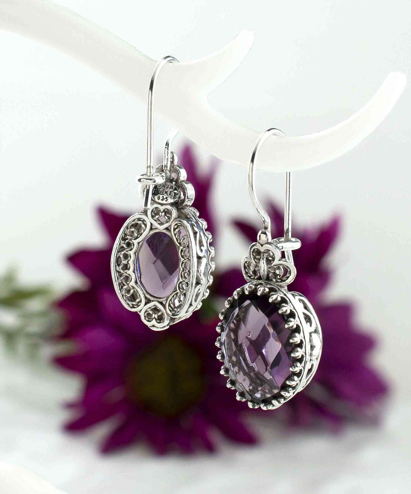 Filigree Art Amethyst Gemstone Heart Detailed Women Silver Oval Drop