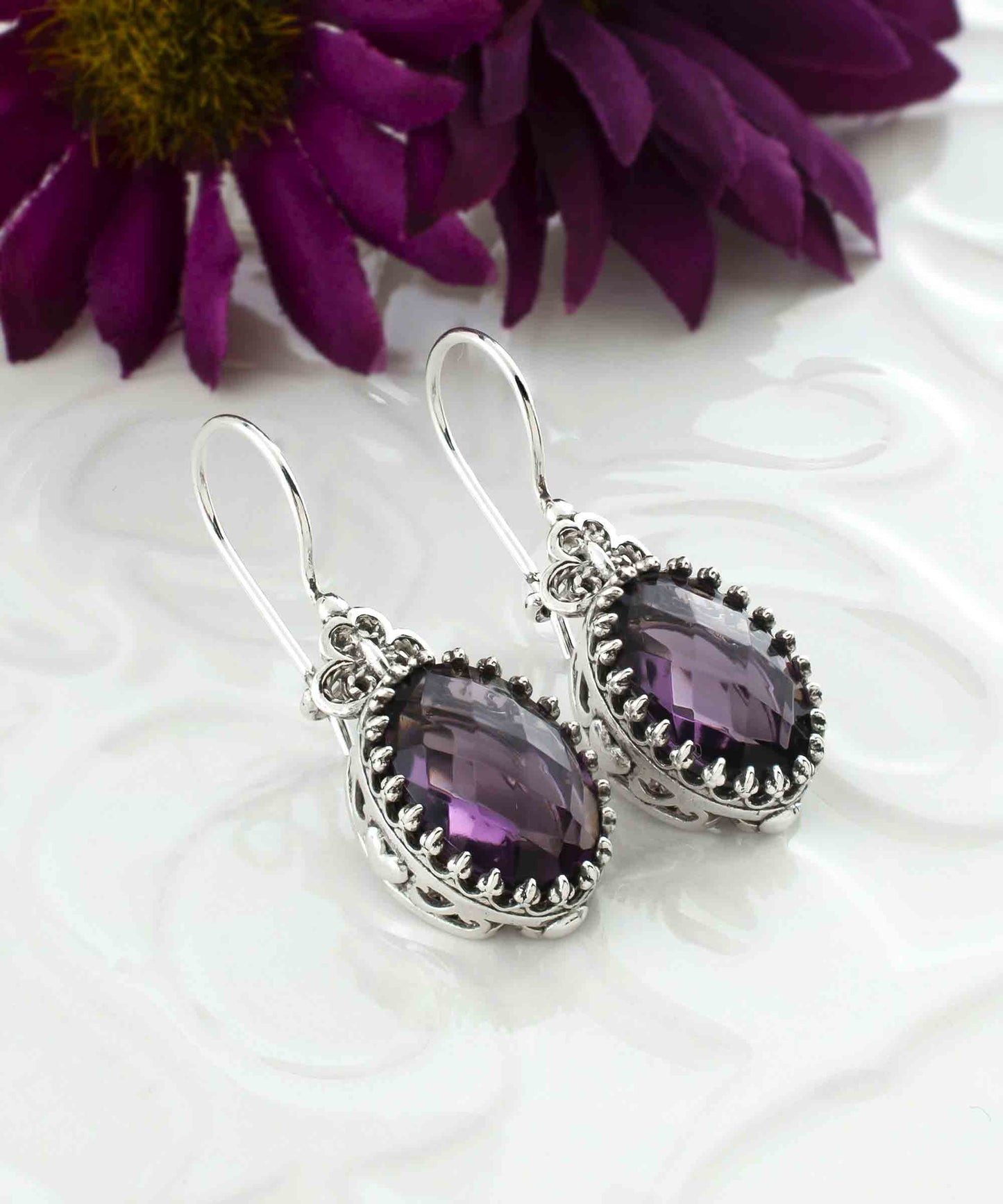 Filigree Art Amethyst Gemstone Heart Detailed Women Silver Oval Drop