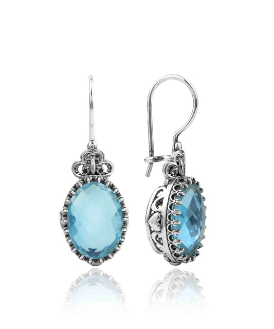 Filigree Art Blue Topaz Gemstone Heart Detailed Women Silver Oval Drop