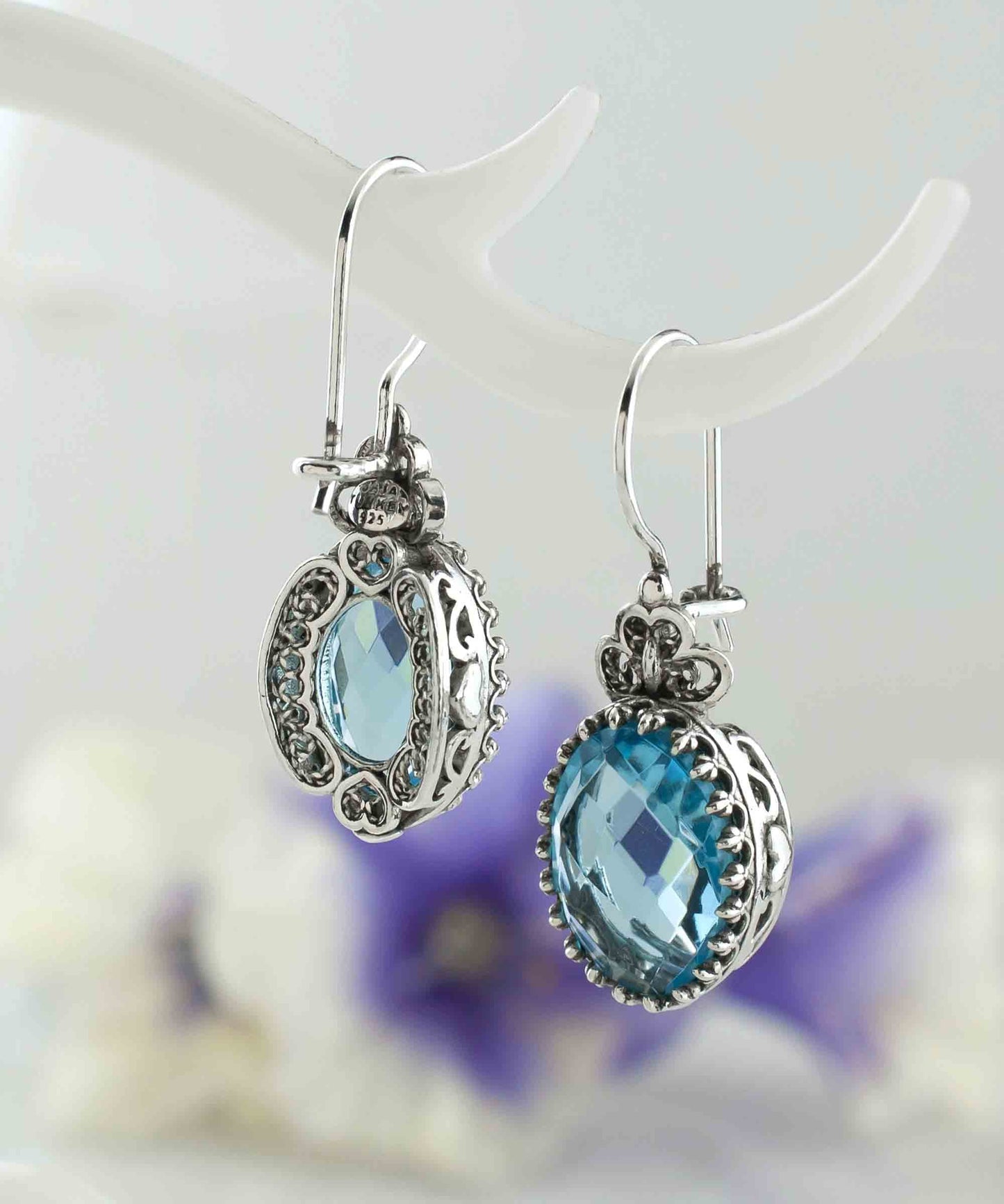Filigree Art Blue Topaz Gemstone Heart Detailed Women Silver Oval Drop