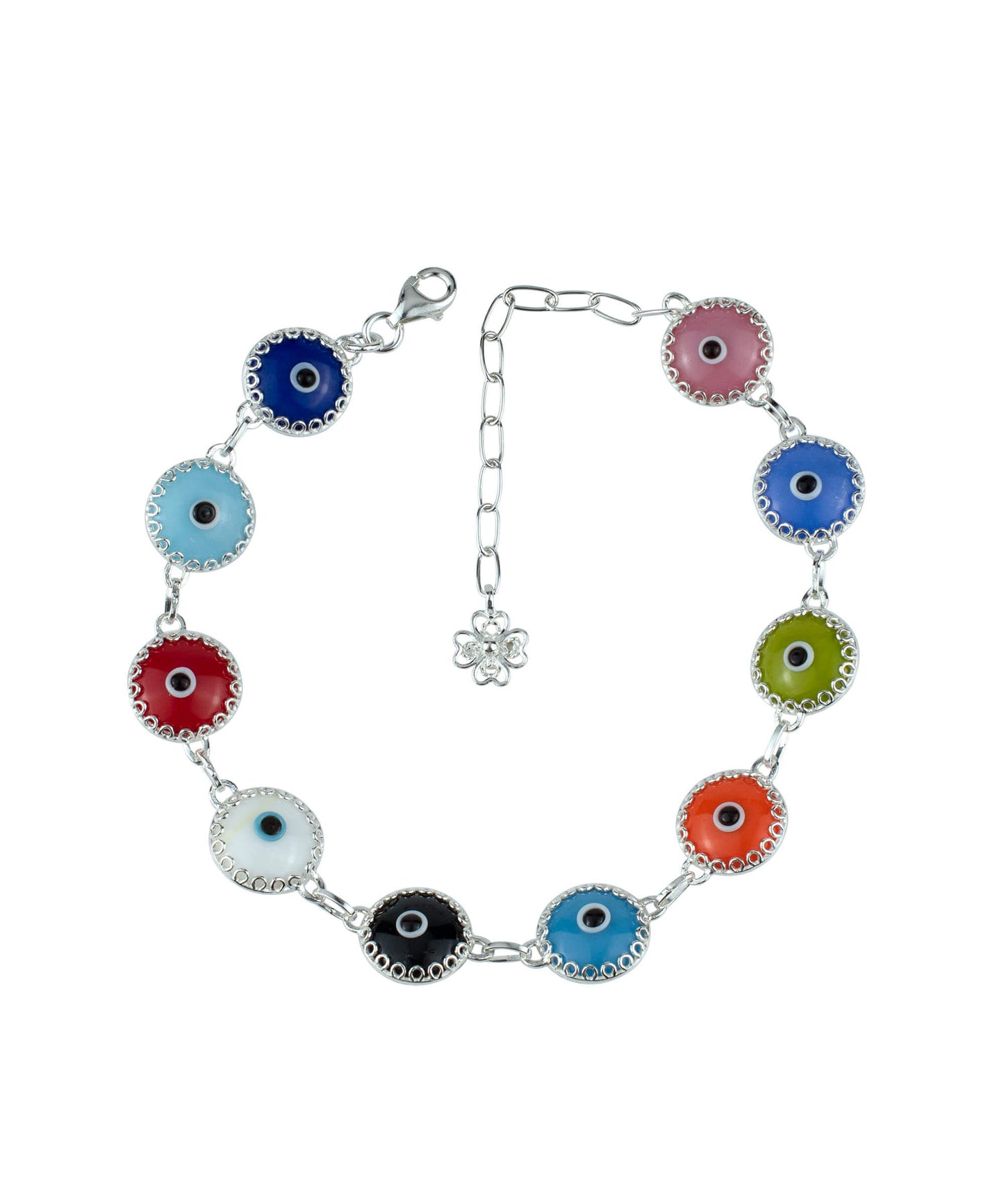 Multi Color Evil Eye Sterling Silver Woman Adjustable Link Bracelet