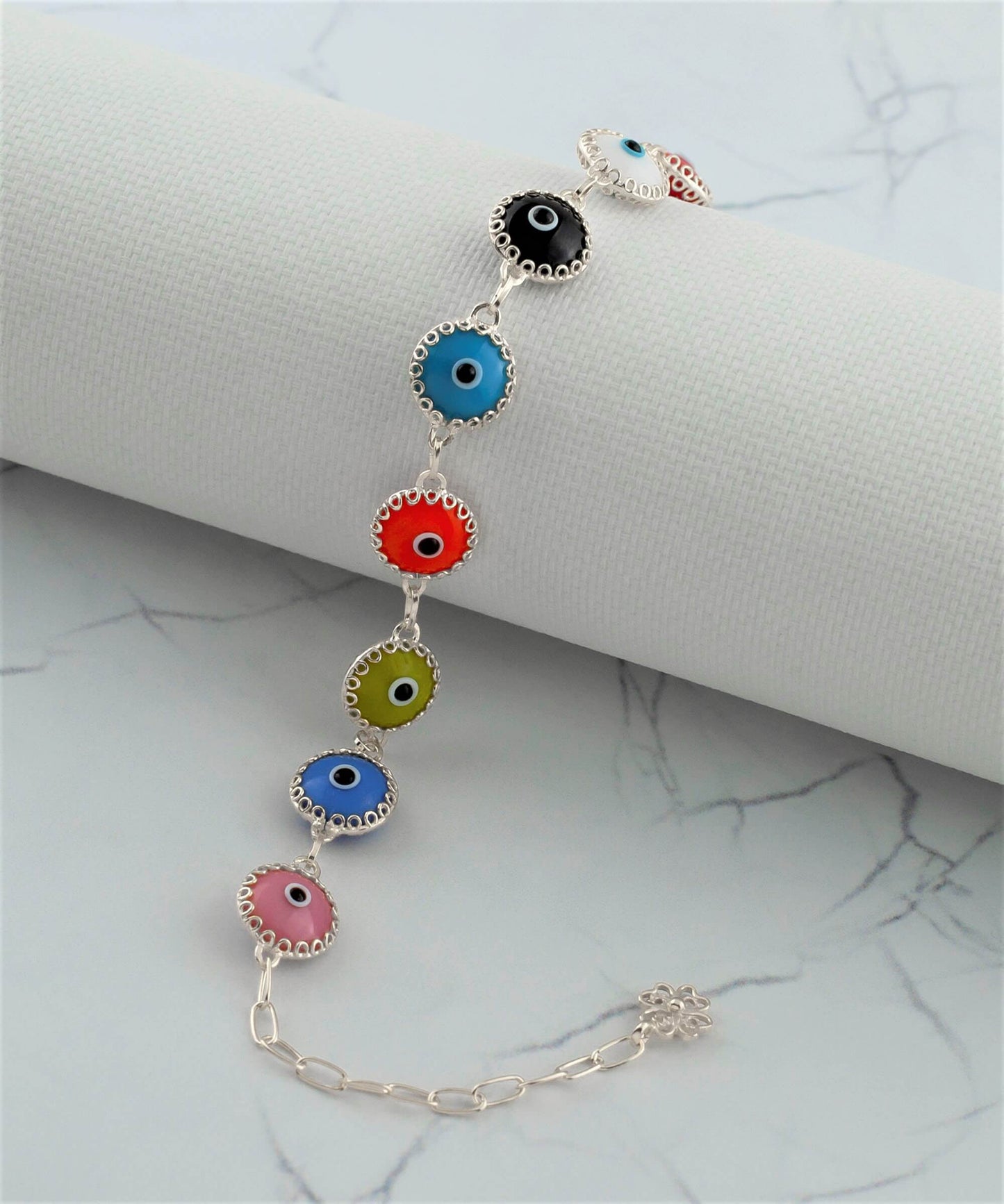 Multi Color Evil Eye Sterling Silver Woman Adjustable Link Bracelet