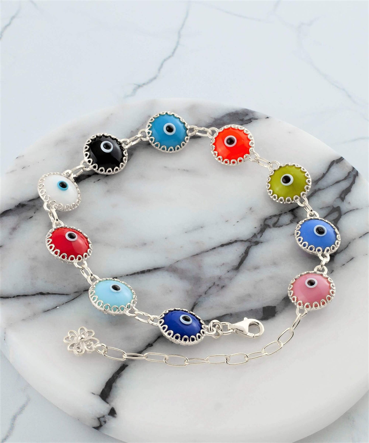 Multi Color Evil Eye Sterling Silver Woman Adjustable Link Bracelet