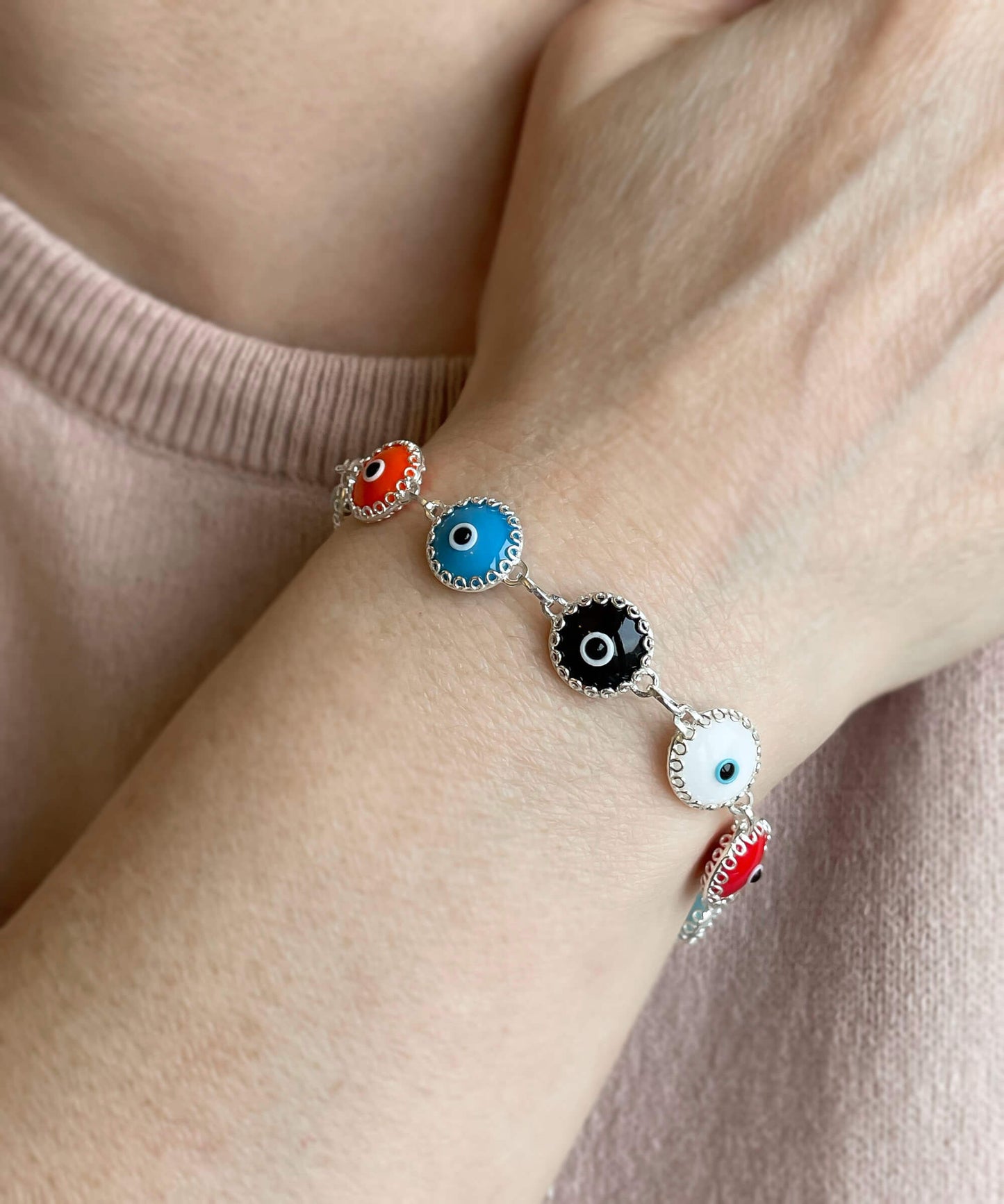 Multi Color Evil Eye Sterling Silver Woman Adjustable Link Bracelet