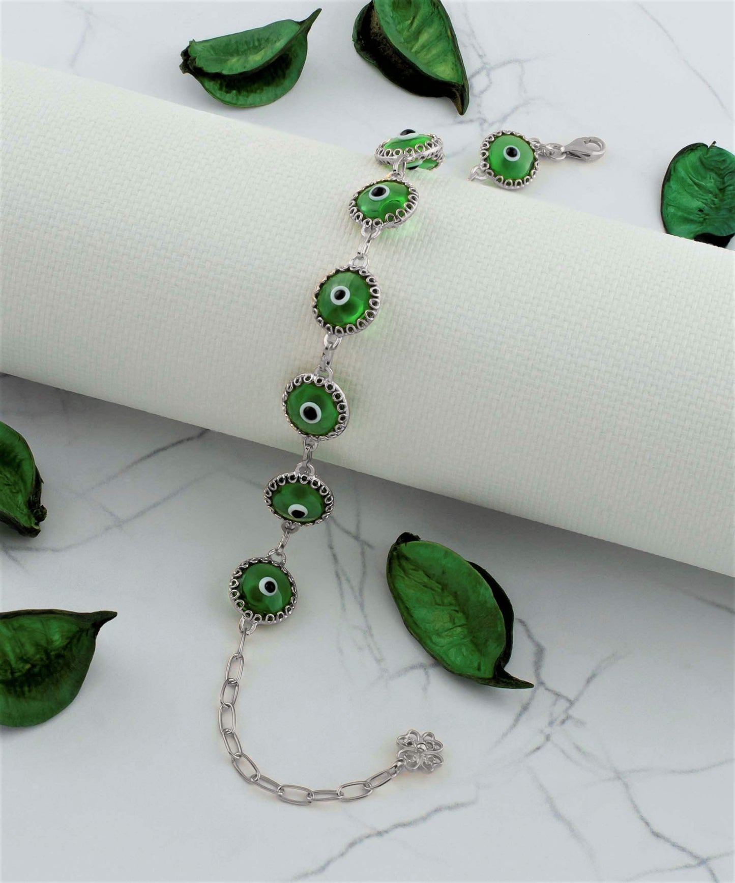 Mint Green Evil Eye Sterling Silver Woman Adjustable Link Bracelet