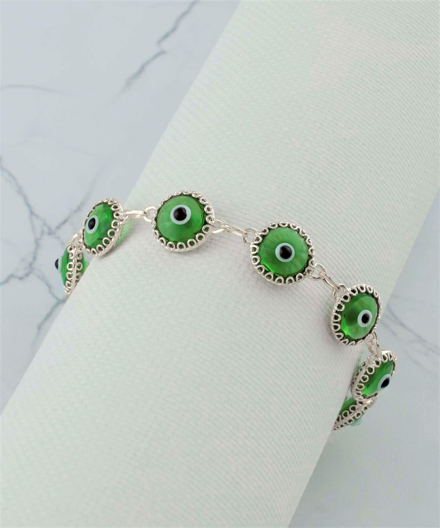 Mint Green Evil Eye Sterling Silver Woman Adjustable Link Bracelet