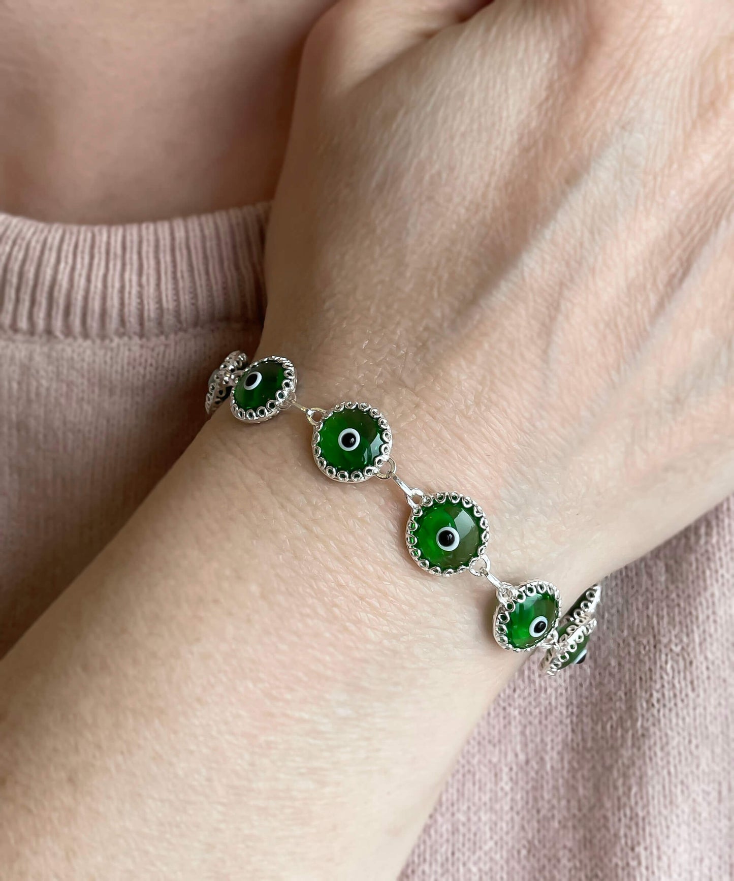 Mint Green Evil Eye Sterling Silver Woman Adjustable Link Bracelet
