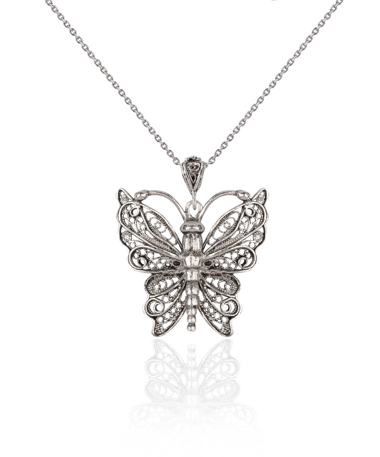 Filigree Art Butterfly Design Women Silver Pendant Necklace