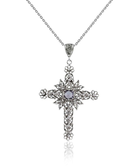 Filigree Art Amethyst Gemstone Women Silver Cross Pendant Necklace