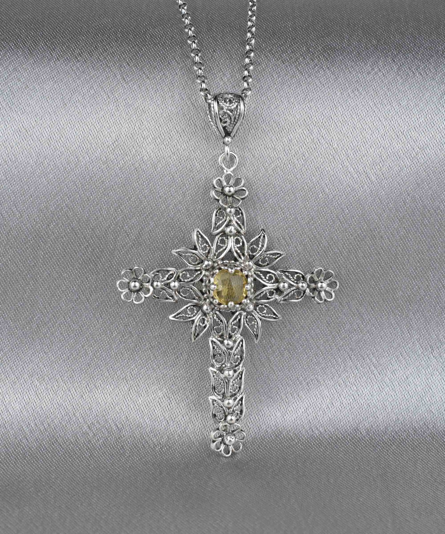 Filigree Art Citrine Gemstone Women Silver Cross Pendant Necklace